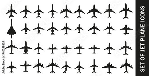 Black airplane icon with various aircraft silhouettes. Set of jet, plane and airplane symbols in simple flat style. Vector icons for travel, aviation, transport apps, maps, logos, infographic design.