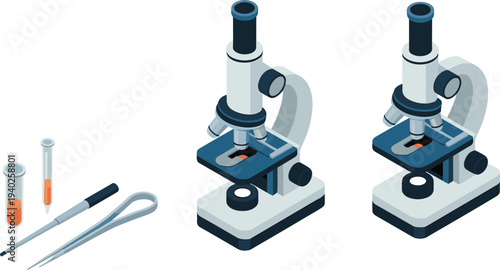 Isometric laboratory microscope illustration, scientific research equipment, lab test tubes and tweezers, medical laboratory analysis, biotechnology science tools
