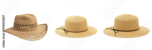 Set of stylish straw hats for summer fashion isolated on white background