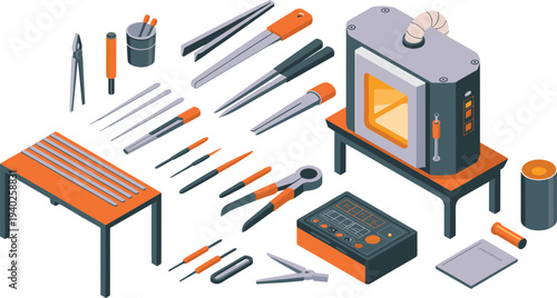 Isometric jewelry workshop tools illustration, goldsmith equipment set, metal melting furnace, engraving tools, jewelry making instruments, artisan studio