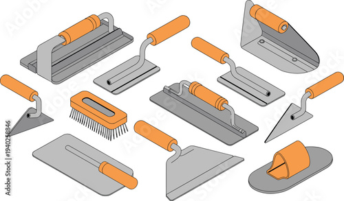 Isometric masonry finishing tools set, plastering trowel scraper brush construction hand tools builder equipment illustration collection