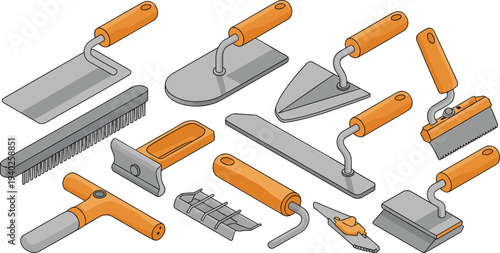 Isometric masonry and plastering tools set, trowel spatula scraper brush construction finishing equipment builder tools illustration collection