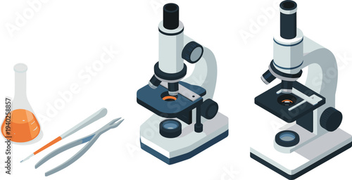 Isometric laboratory microscope set illustration, scientific research equipment, lab glass flask, tweezers tools, medical biotechnology analysis instruments