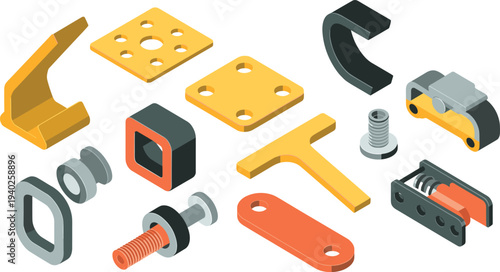 Isometric mechanical parts set, industrial metal brackets bolts plates engineering hardware components manufacturing illustration collection