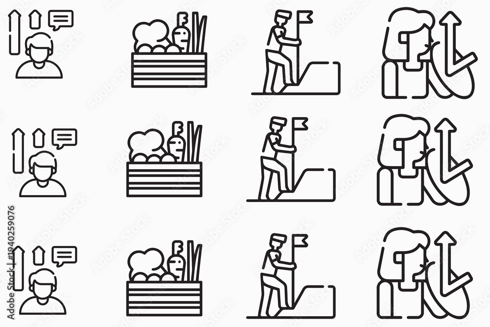 Fototapeta premium Personal growth and healthy lifestyle icon set. Vector illustration of linear symbols representing career progress, organic vegetable box, goal achievement, and time management in a minimalist black