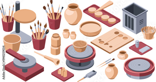 Isometric pottery making tools, ceramic workshop equipment, clay potter wheel, pottery brushes, handmade ceramics craft studio illustration vector