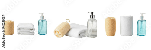 Bathroom accessories set with towel, soap, and bath loofah isolated on white background