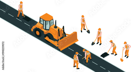 Isometric road construction workers repairing asphalt street with bulldozer, road maintenance crew, highway repair equipment vector illustration