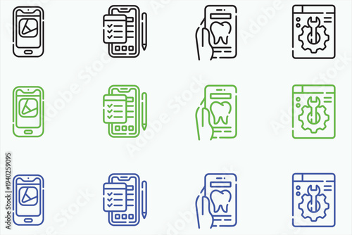 Mobile application and technical service icon set. Vector illustration of linear symbols representing image editing app, digital checklist form, dental care mobile interface, and web settings gear  