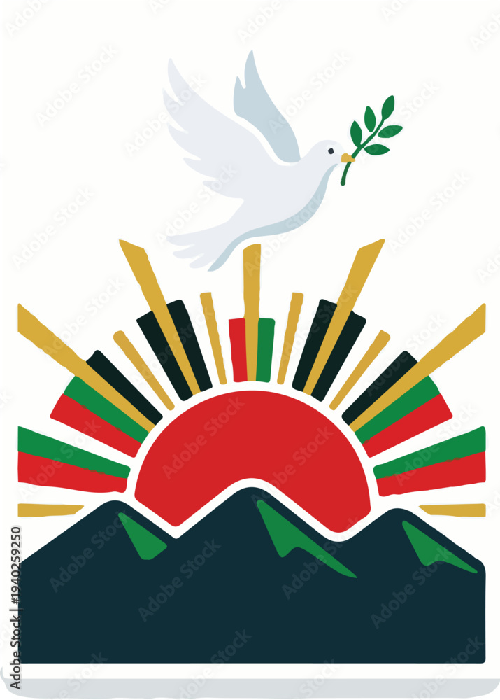 Obraz premium Graphic illustration of a white dove holding an olive branch flying over a vibrant sun rising behind mountains with colorful rays