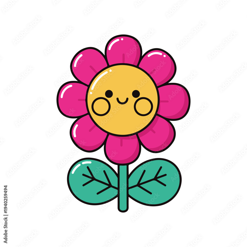 Fototapeta premium Cute Happy Pink Flower Cartoon Character With Smiling Face And Green Leaves Vector