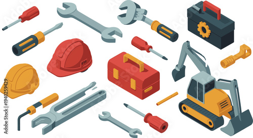 Isometric, construction, tools, equipment, hard, hat, toolbox, excavator, wrench, screwdriver, engineering, repair, industry, builder, maintenance, hardware, vector, illustration, set, collection
