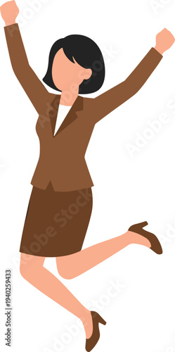 Woman in brown suit jumping with arms raised skirt blouse