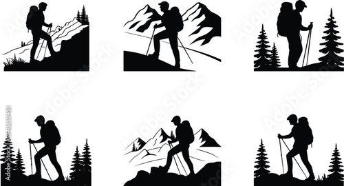 Hiker backpacker mountain trekking silhouette set with walking poles and forest landscape, outdoor adventure travel vector illustration collection