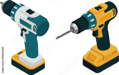 Isometric, cordless, drill, power, tools, electric, screwdriver, construction, hardware, equipment, DIY, workshop, engineering, maintenance, toolkit, repair, vector, illustration, set, design