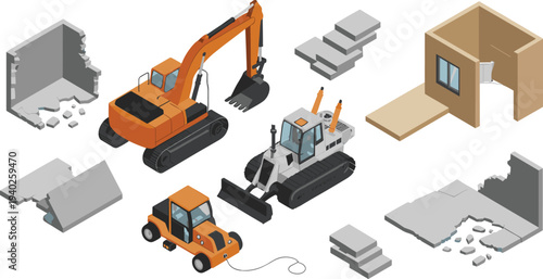 Isometric, demolition, construction, machinery, excavator, bulldozer, heavy, equipment, building, destruction, engineering,
