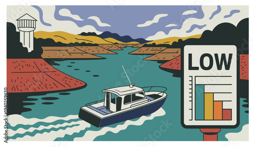 Boat on shallow reservoir with drought monitoring indicator. Motor boat navigating shallow reservoir landscape with water level monitoring chart showing drought conditions.