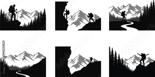 Hiking adventure mountain landscape silhouette set with backpacker climbers forest and river scenes, outdoor travel vector illustration collection