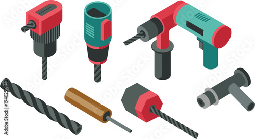 Isometric, power, drill, tools, drill, bits, electric, cordless, construction, equipment, workshop, hardware, repair, DIY, engineering, toolkit, vector, illustration, set, collection
