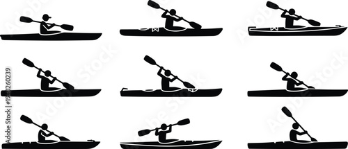 Kayaker paddling kayak silhouette collection, water sport athlete rowing boat vector icons set for outdoor adventure kayaking recreation design