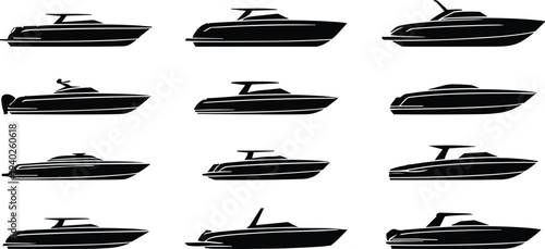 Luxury motor yacht silhouette collection, modern speed boat vector icon set for marine transport, boating lifestyle, sea travel and nautical design