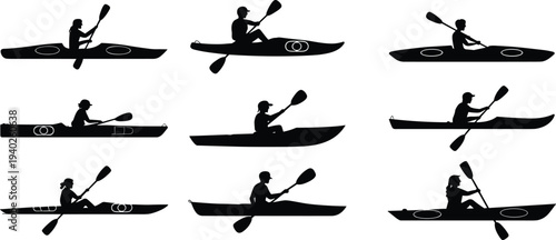 Kayaker paddling kayak silhouette set, water sport athlete rowing boat collection, outdoor adventure canoe vector icons for recreation design