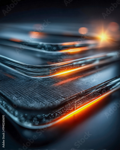 Macro view of solar panel glass edge revealing fine photovoltaic grid and reflections