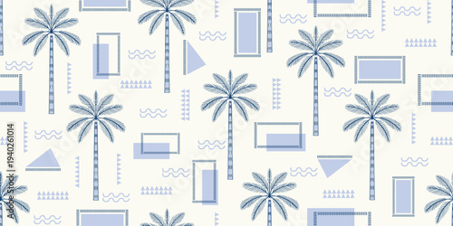 Tropical botanical Seamless pattern. Palm Tree Toile de Jouy. Blue Tones pattern. Etching motif, exotic Palm design. Hawaiian shirt summer design. Frame Print. Picture Frame Motif. Monochromatic blue.