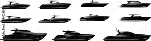 Luxury yacht and modern speed boat silhouette collection, marine vessel vector icon set for nautical transport, ocean travel and boating