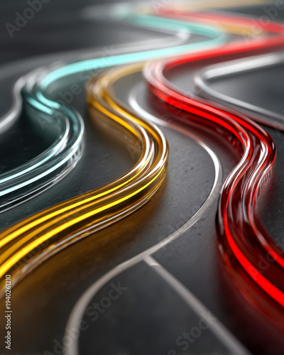 Curved routing arrows guiding colorful tokens on smooth minimalist studio background