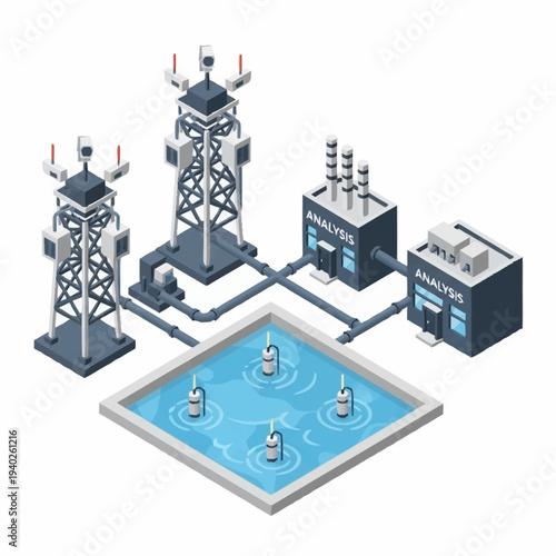 Isometric illustration of a water quality monitoring and analysis system.