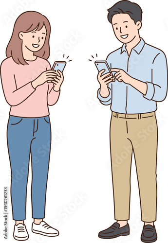 Two people holding smartphones with excited expressions and sparkles