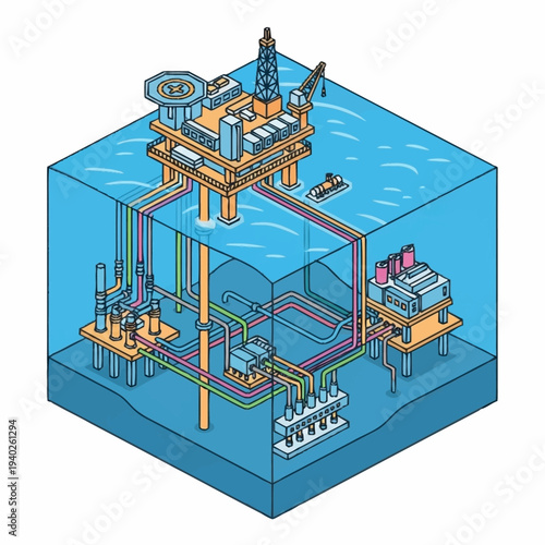 Isometric illustration of an offshore oil and gas drilling platform.