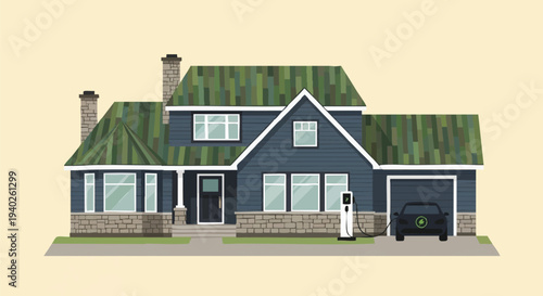 Modern eco-friendly home with green roof and electric vehicle charging.