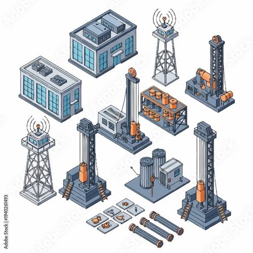Isometric Industrial Buildings and Oil Drilling Rigs Set.