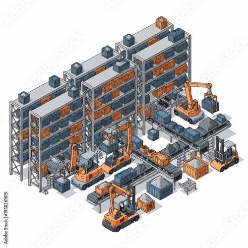 Wallpaper Mural Isometric Industrial Warehouse with Heavy Machinery and Metal Storage. Torontodigital.ca