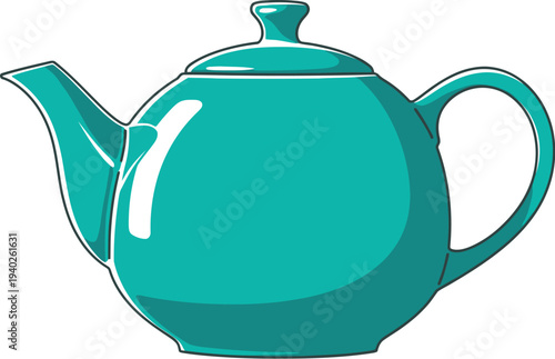 Vibrant teal ceramic teapot with a traditional rounded shape sits isolated.