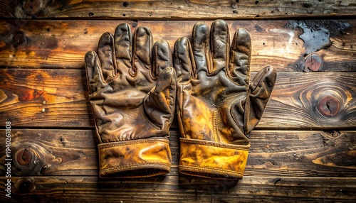 Vintage Leather Gloves on Rustic Wooden Surface.