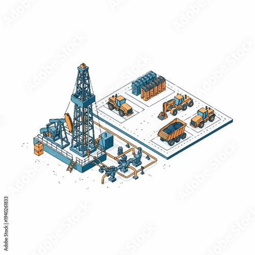 Wallpaper Mural Isometric Oil and Gas Industry Illustration with Drilling Rig and Support Vehicles. Torontodigital.ca