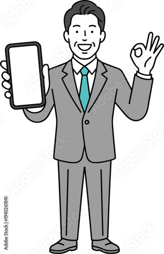 Man in gray suit holding smartphone with okay gesture