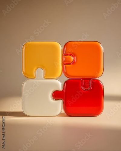 Two colorful modular pieces joined at center, minimalist unity concept display