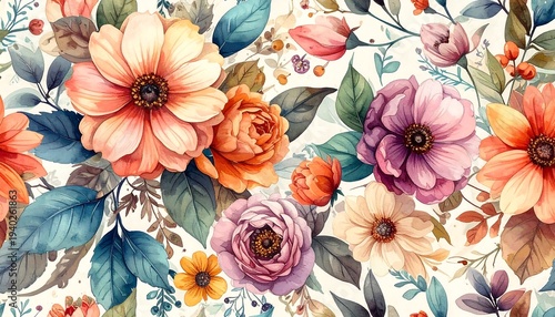 Watercolor Floral Pattern with Vibrant Blooms and Foliage.