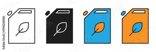 Eco-Friendly Fuel Or Bio-Energy Icon. Professional jerrycan icon set with a leaf symbol, representing eco-friendly fuel, bio-energy solutions, organic fertilizers, and sustainable chemical storage.