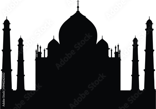 Taj Mahal silhouette, iconic Mughal architecture landmark in Agra India, famous world heritage monument travel vector illustration