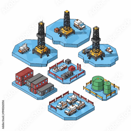Wallpaper Mural Isometric pixel art set of oil rigs, cargo containers, and industrial vehicles on ice platforms. Torontodigital.ca