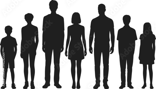 Silhouette of Diverse Men Women and Children Standing Together in Casual and Formal Clothing Full Body Group Vector Illustration for Teamwork Community and Family