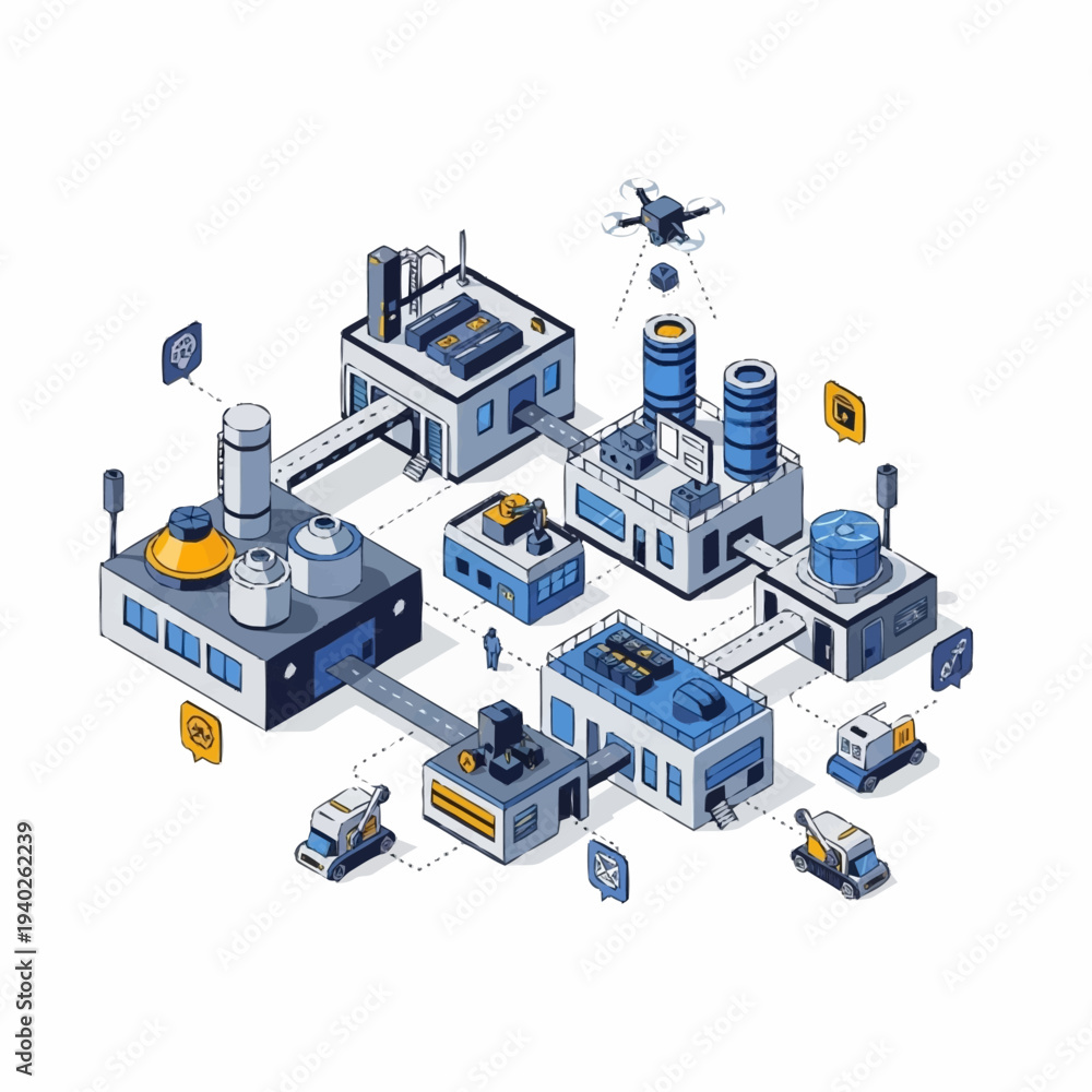Fototapeta premium Isometric Smart Factory with Automated Production and Data Management.