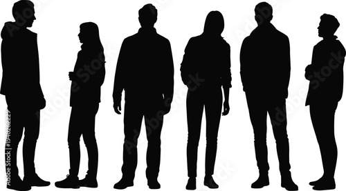 Silhouette of Diverse Men and Women Standing Together in Casual and Formal Wear, Full Body Vector Group for Teamwork, Community, and Modern Business Professional Concepts