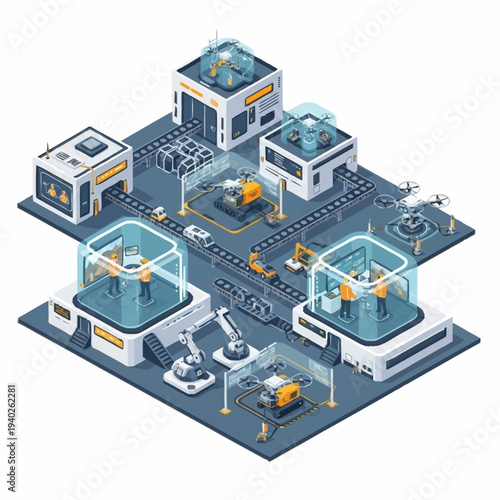 Wallpaper Mural Isometric Smart Factory with Automated Production and Robotic Assembly Lines. Torontodigital.ca