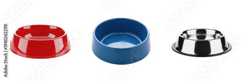 Set of empty pet bowls in red, blue, and metallic silver isolated on white background